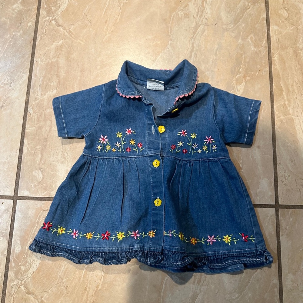 Vintage Embroidered Floral Denim Dress Mon Petit Size 3/6 months